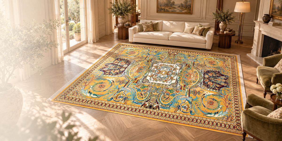 Styled illustration of a Melody classic carpet in a refined cream living room.