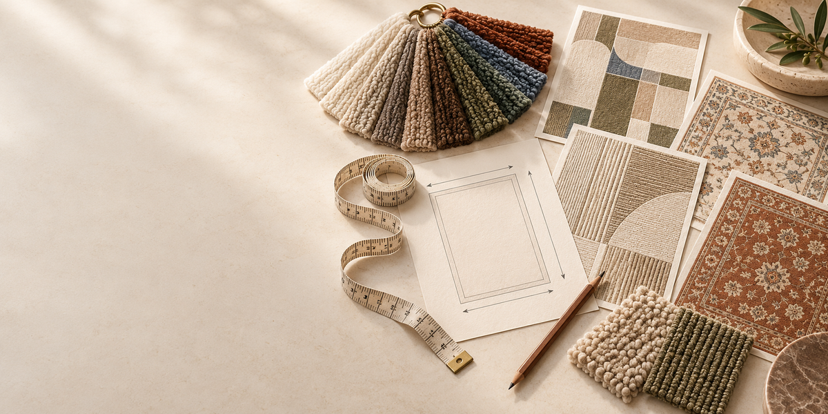 Custom rug consultation with yarn colour palette, rug design samples and size planning