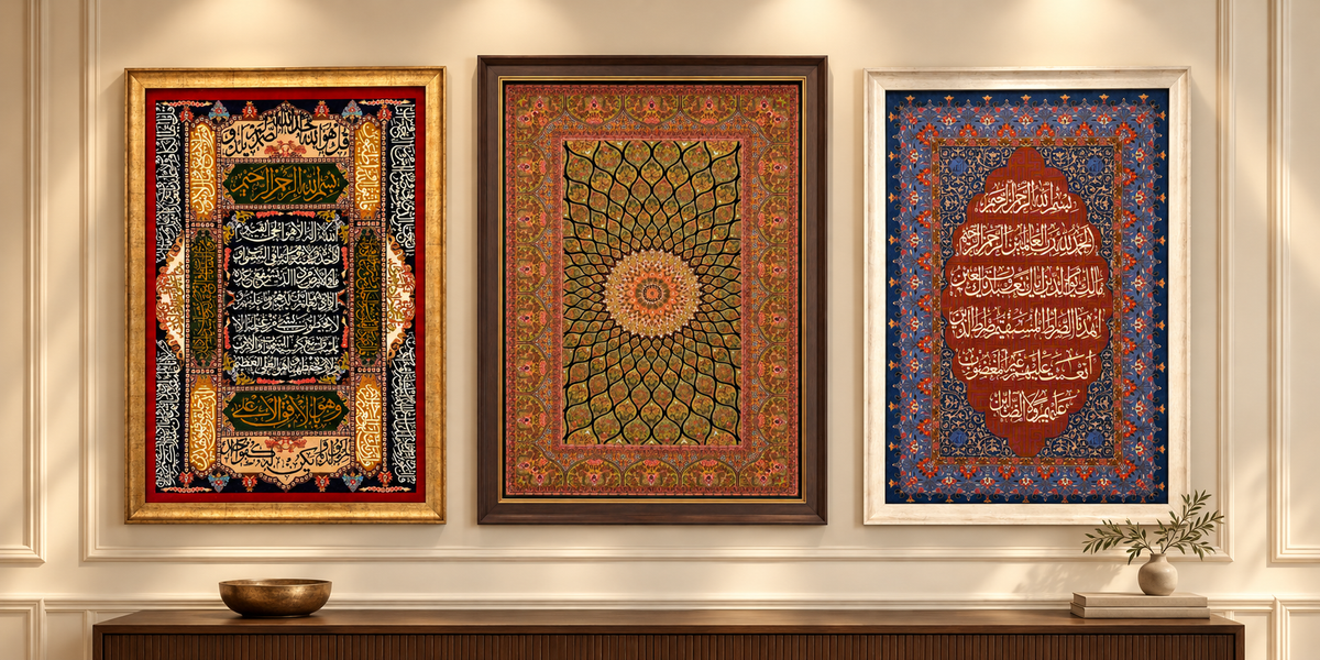 Styled cream gallery featuring three Melody framed rug designs: red and blue Ayat Qurani and almond green Islamic motif; refer to original product photographs for exact details
