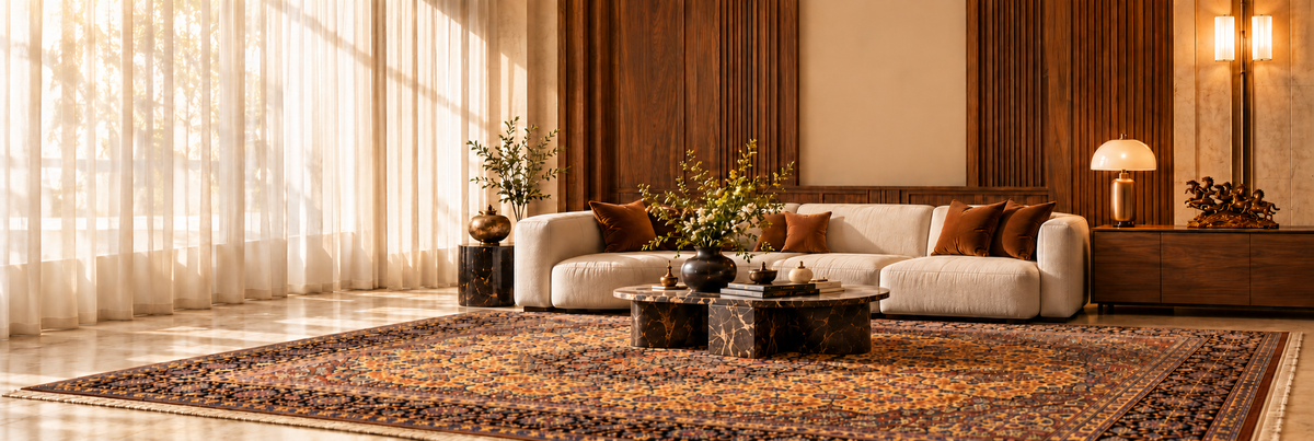 Cream and walnut living room with Persian carpet and sculpture fully supported on wide console