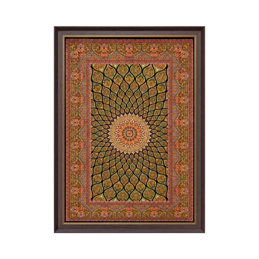 Original portrait framed silk rug, Islamic almond green design