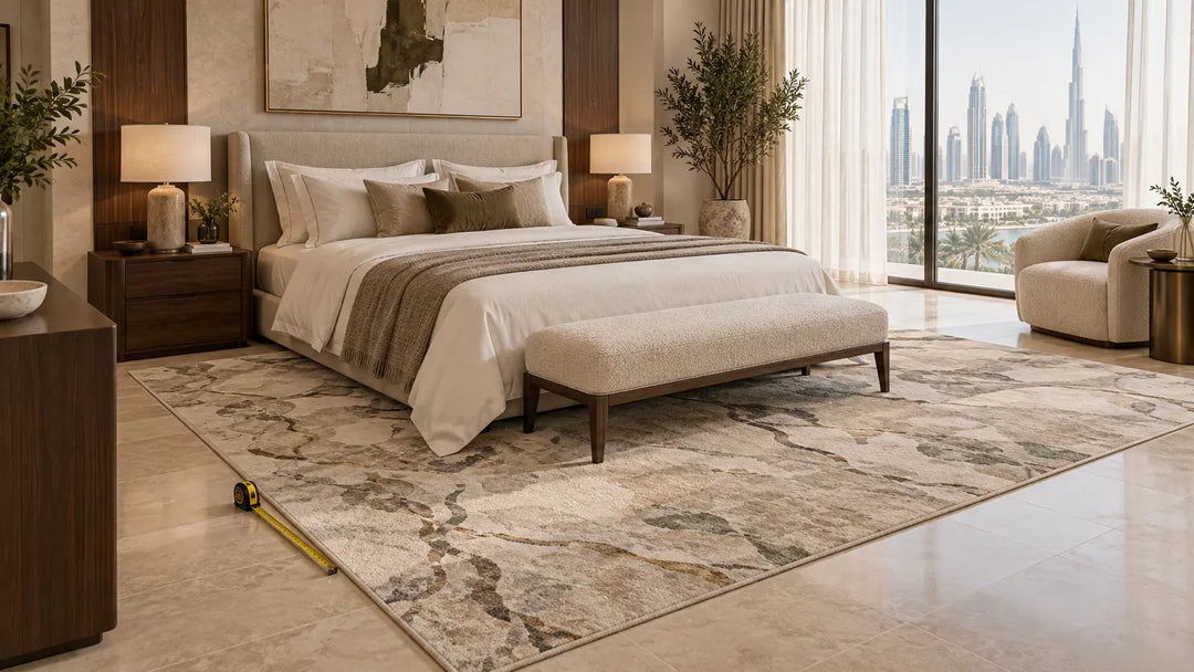 King bed framed by a correctly placed area rug extending beyond both sides and the foot