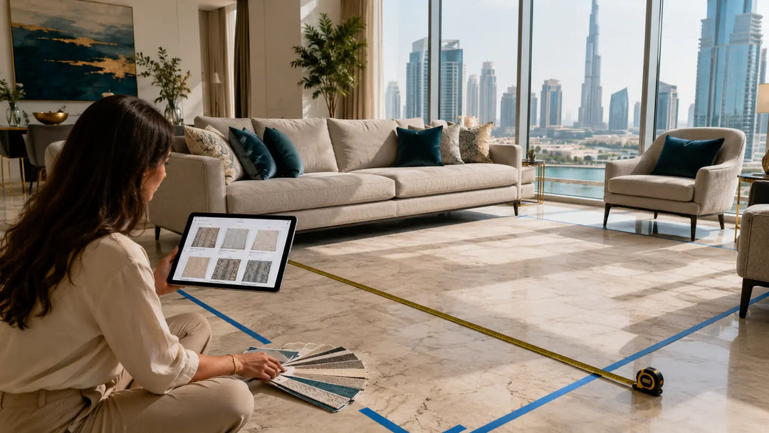 Measuring a living-room rug zone while comparing rug options online in a Dubai home