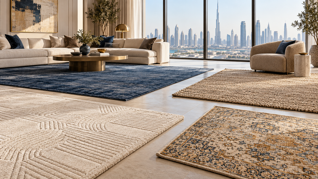 Four rugs compared in a contemporary Dubai living room