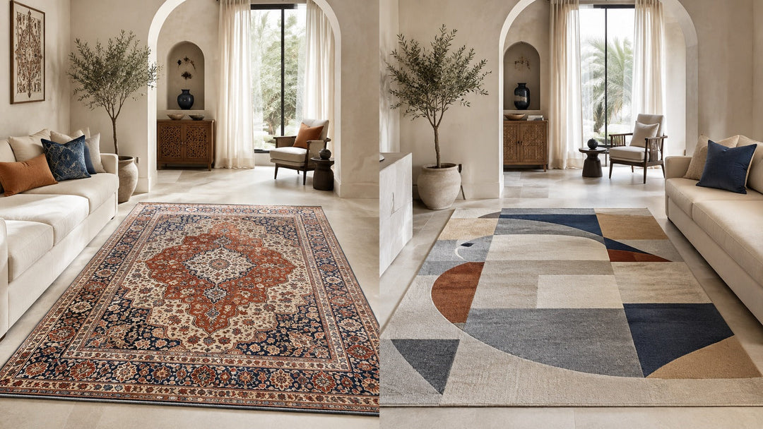 Classic medallion and modern abstract machine-made rugs compared side by side in matching interiors