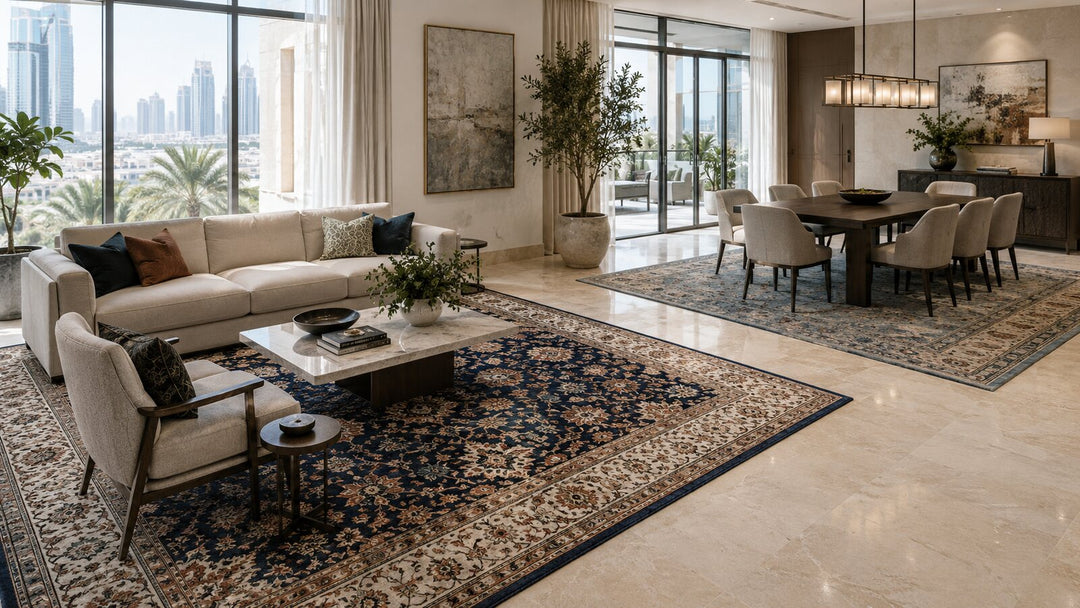 Coordinated rugs defining living and dining zones in an open-plan Dubai home