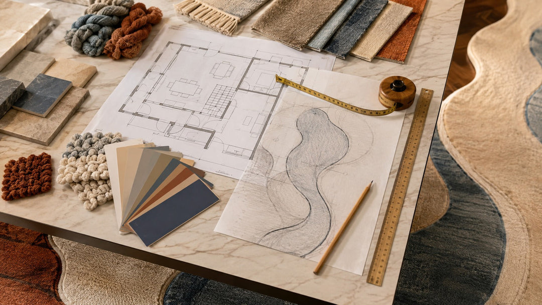 Floor plan, tape measure, colour and fibre samples used to plan a custom-shaped rug