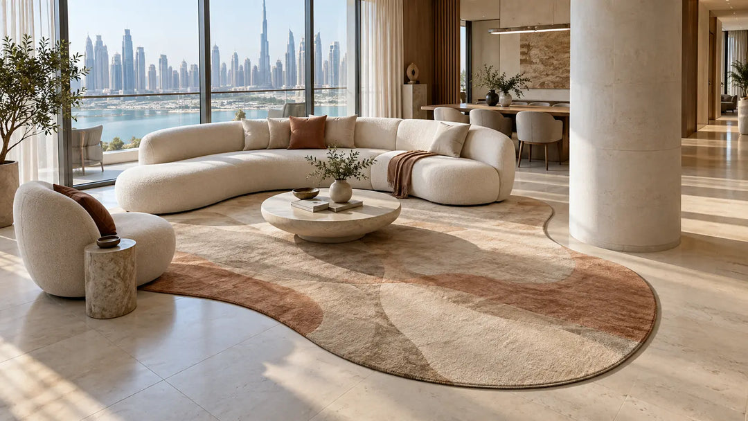Custom-shaped rug following a curved sofa and clearing a column in a Dubai living room