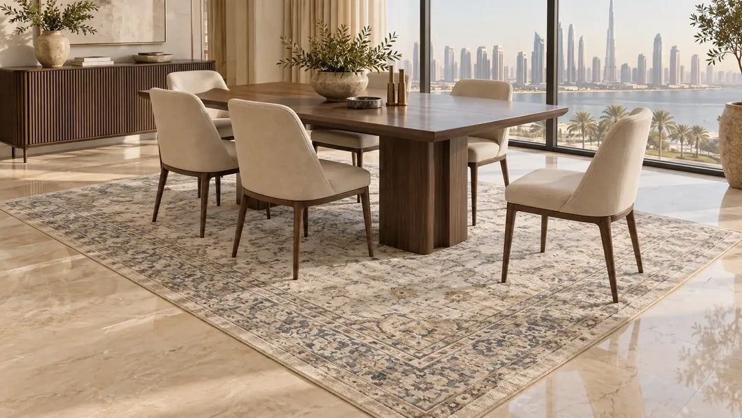 Six-seat dining table on a generously sized rug with one chair pulled back