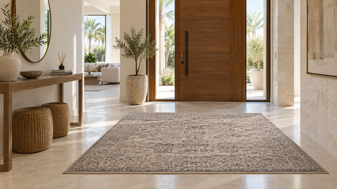 Neutral area rug anchoring a bright contemporary Dubai villa entryway