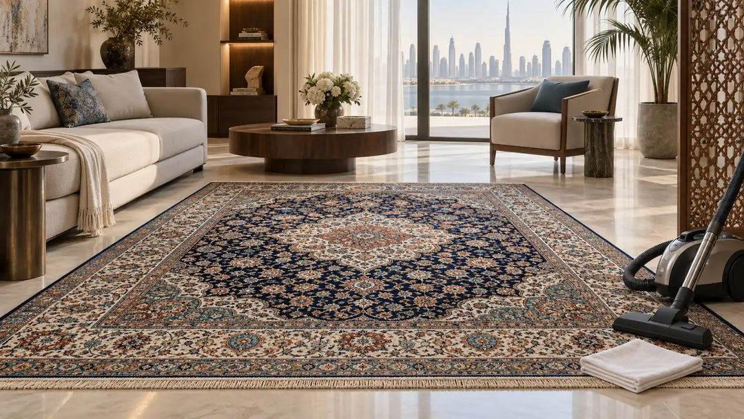 Handmade silk-style rug prepared for gentle care in a Dubai living room