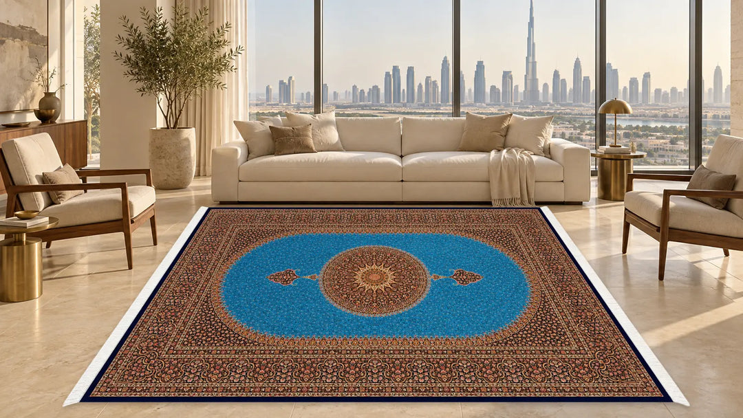 Heritage Grid Turquoise rug styled in a neutral Dubai living room