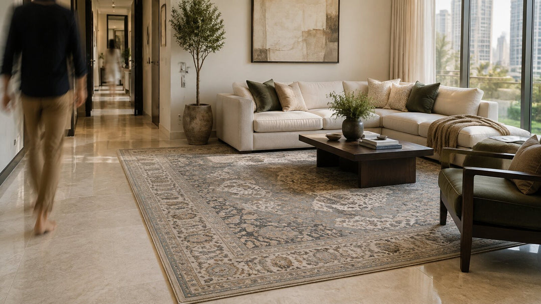 High-traffic living room rug anchoring a busy seating area in a contemporary Dubai home