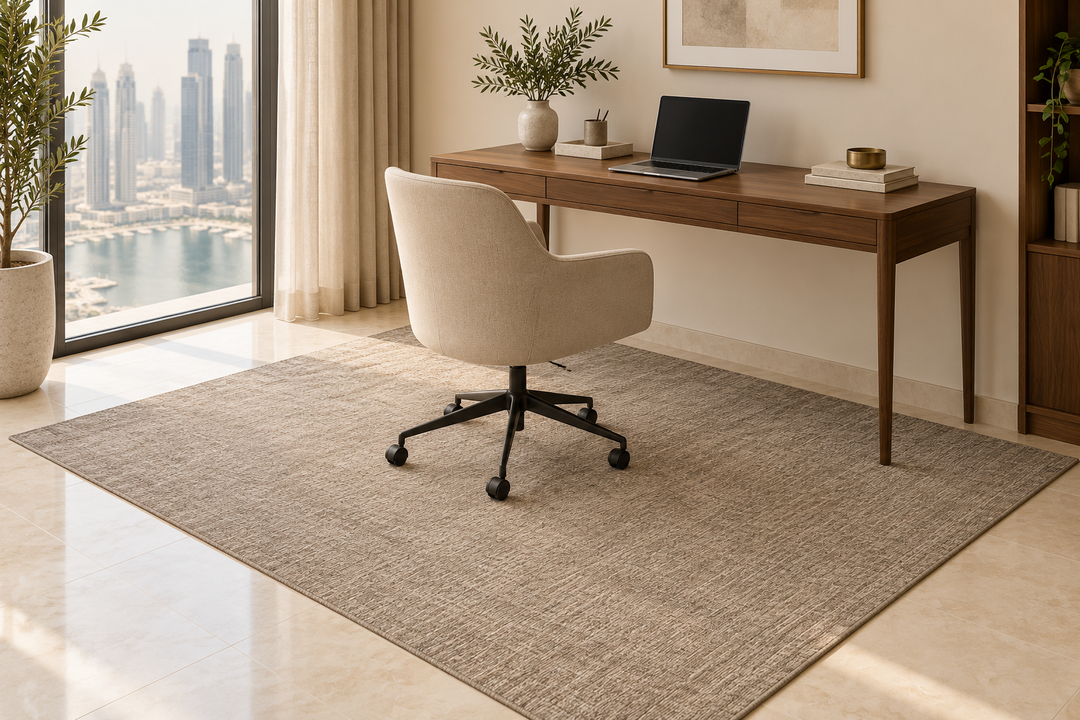 AI design concept of a home office with a rug extending beneath the desk and rolling chair