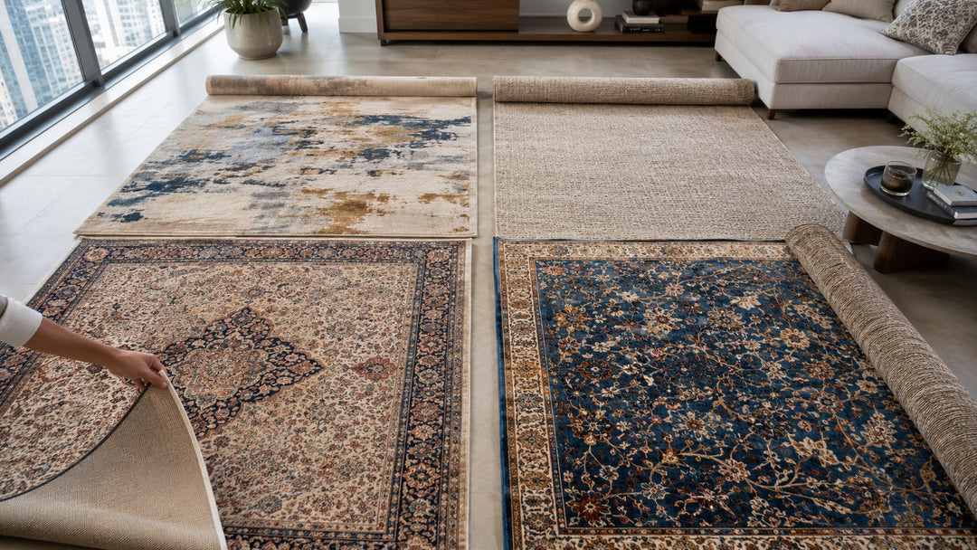 Four distinct rug options arranged for comparison during a home rug trial in a Dubai living room