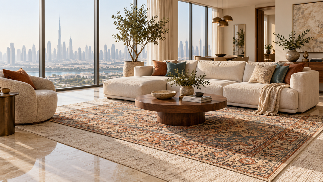 Layered rugs in a bright contemporary Dubai living room
