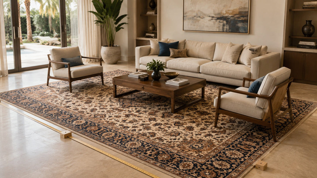 Large Persian-inspired rug correctly anchoring a Dubai living room seating area, with a measuring tape along the edge