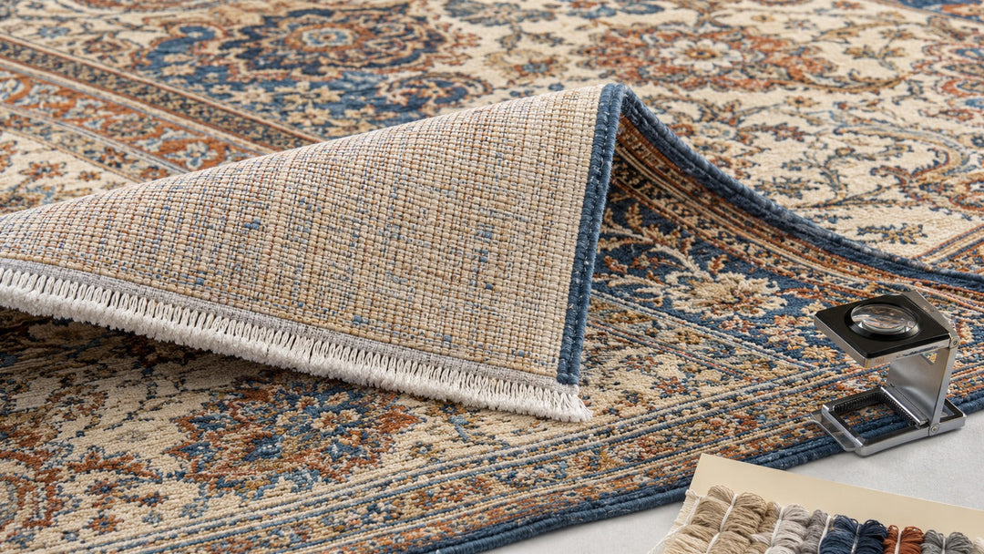 Turned corner of a machine-made rug showing its uniform backing, bound edge and dense patterned pile