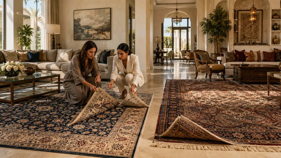 Illustrative comparison of machine-made and handmade rugs in two connected Dubai home interiors
