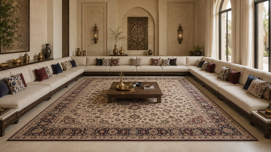 Large Persian-inspired rug centred within U-shaped seating in a contemporary Dubai majlis