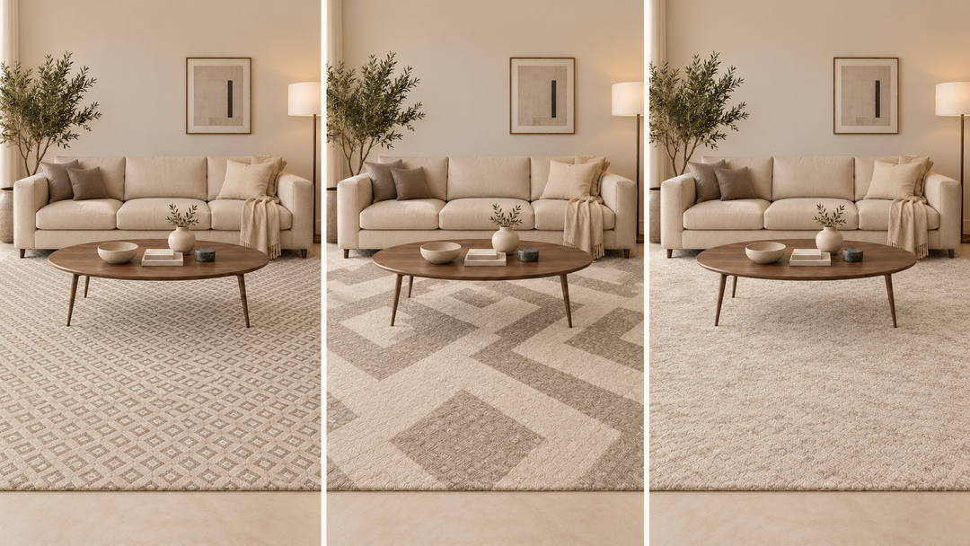 AI design concept comparing small-repeat, large-motif and low-contrast rugs in the same living room