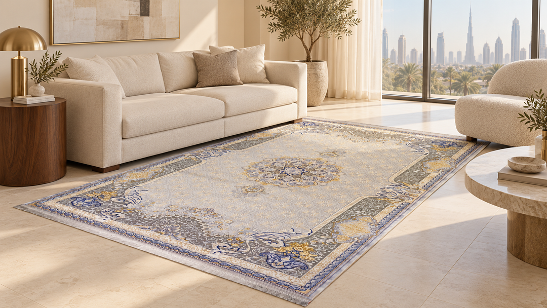 Metal Form silver rug styled in a warm contemporary Dubai living room