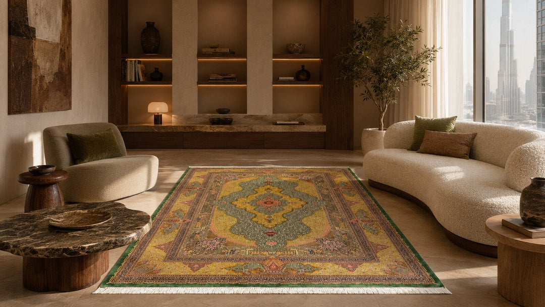 Ancient Dynasty Persian Silk rug styled in a contemporary Dubai living room