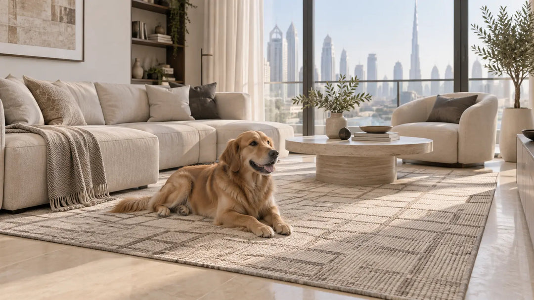 Pet-friendly low-pile rug in a contemporary Dubai living room with a dog