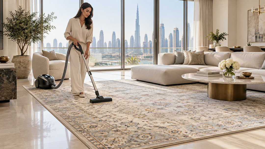 Homeowner gently vacuuming a patterned rug in a bright Dubai living room