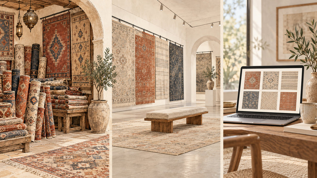 Concept illustration of a rug market display, a showroom and online rug browsing