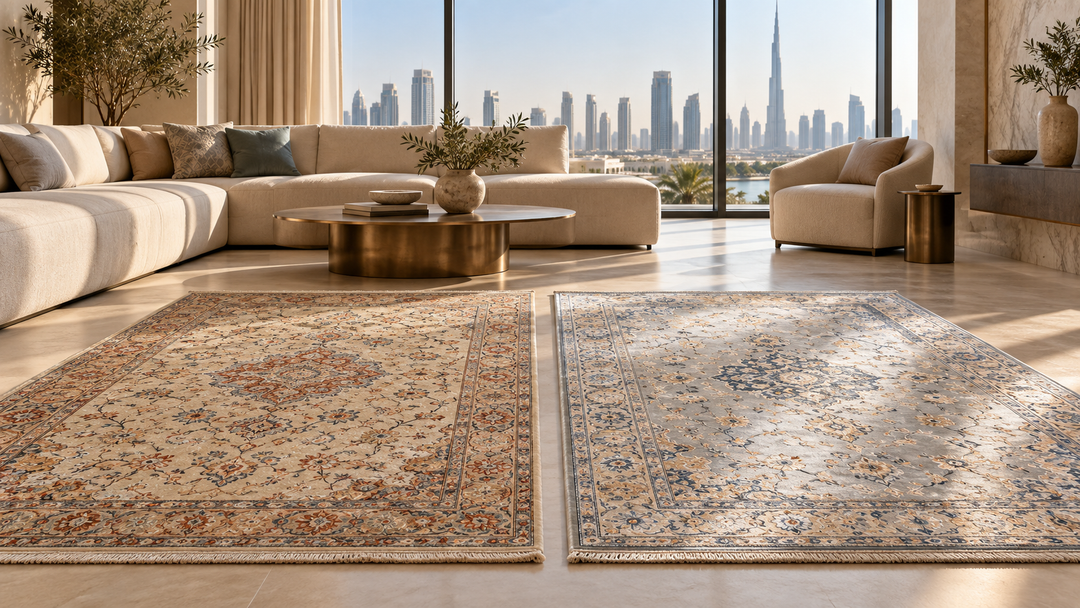 Two Persian-inspired rugs compared side by side in a contemporary Dubai living room