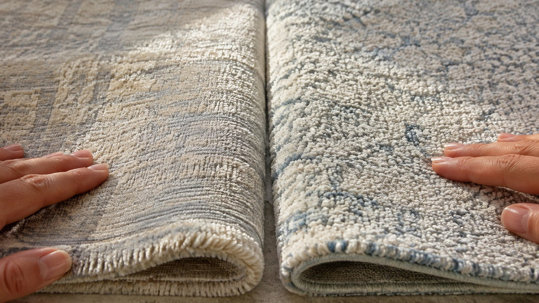 Close comparison of a smooth lustrous rug surface and a denser matte textured rug surface