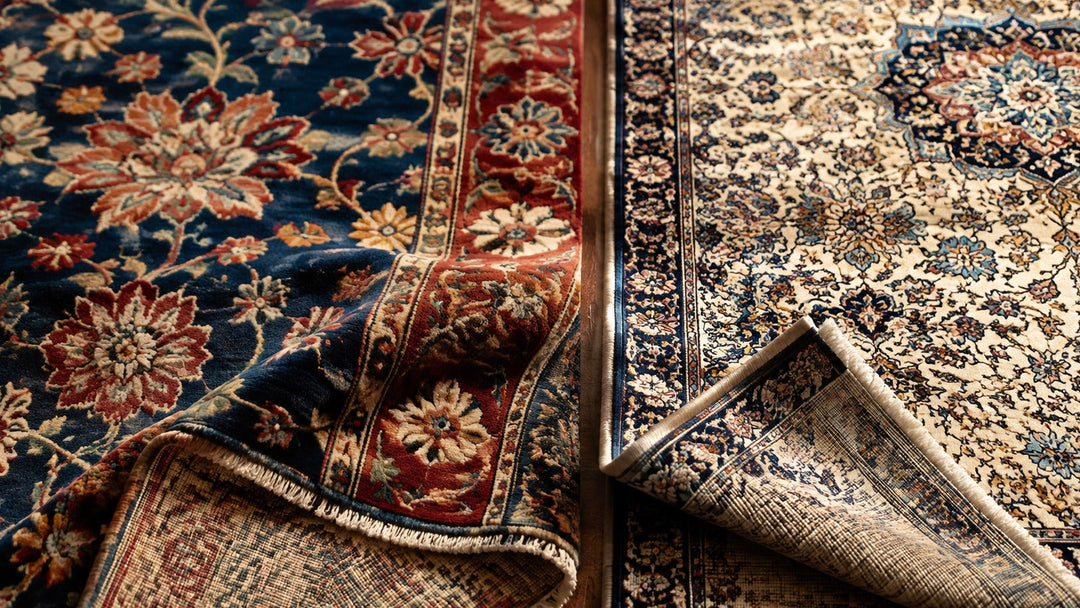 Detailed wool and silk Persian rug sections compared with folded corners revealing their construction