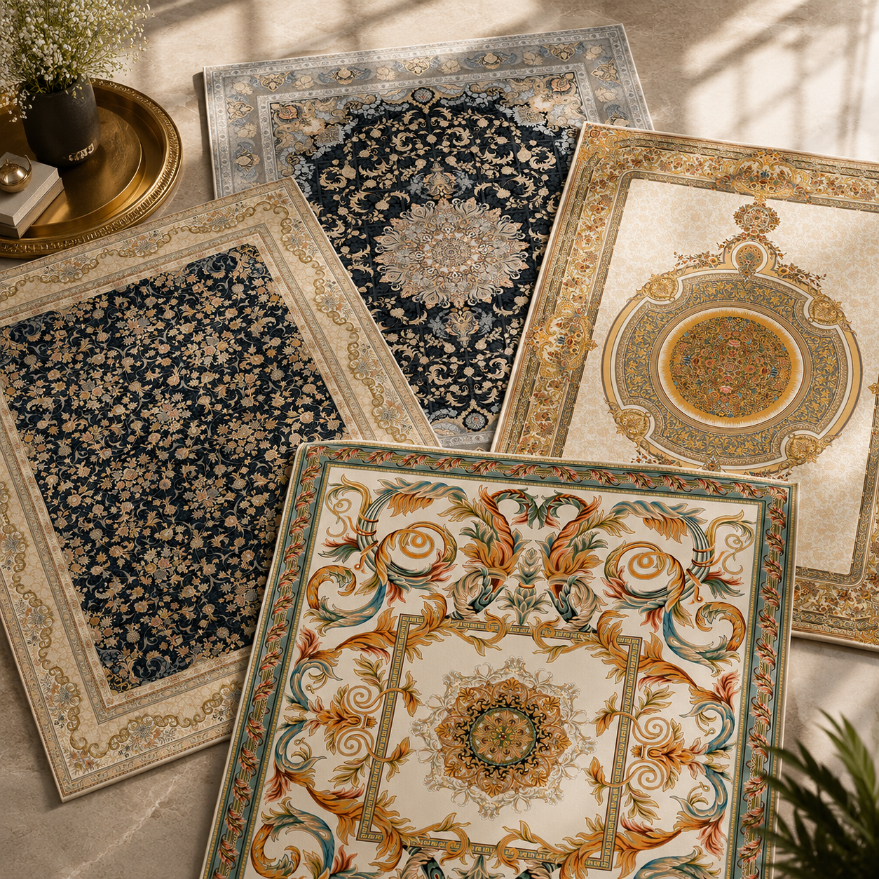 Classic Carpet collection: ornate bordered area rugs in navy, cream, and gold tones for interiors.