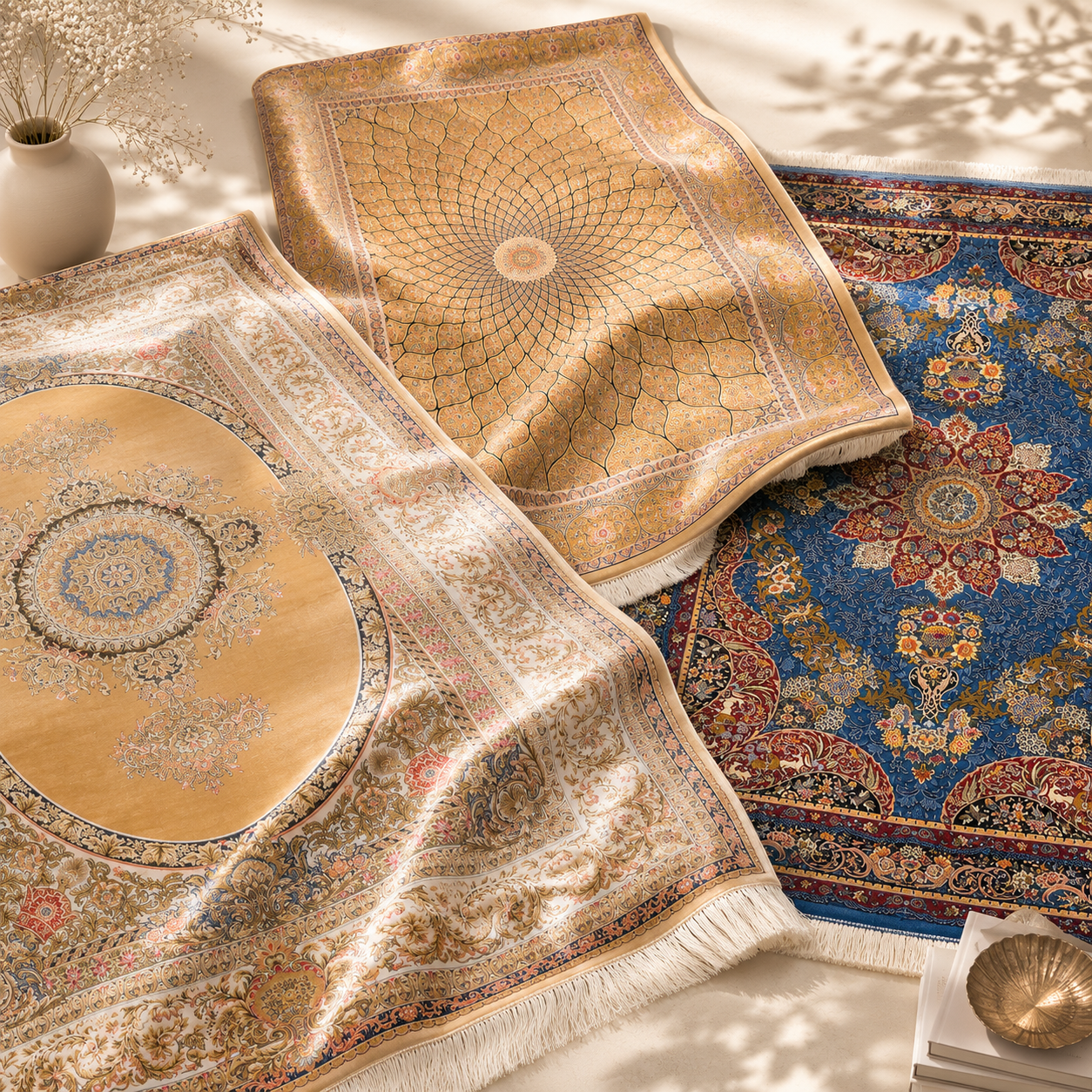 Persian Silk Rugs collection: overlapping ornate rugs in gold, cream, and blue with intricate Persian motifs.