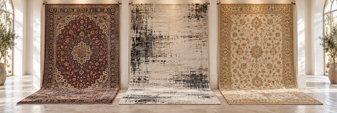 AI-styled gallery concept showing Persian-inspired, modern abstract and classic floral floor rugs; illustrative banner.