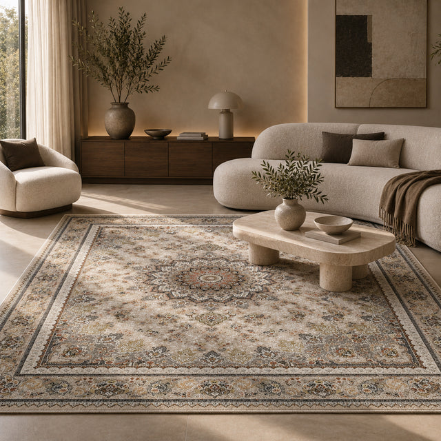 Silver Halo classic rug styled with contemporary cream seating and travertine at Melody Carpet