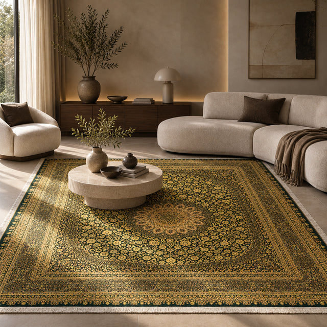Green and gold handmade Afshan rug in a refined contemporary living room at Melody Carpet