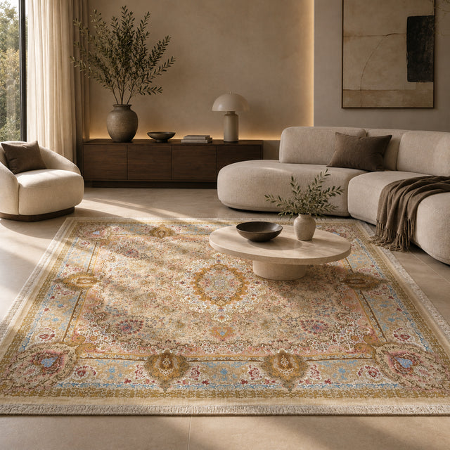 Ivory Crown Persian silk rug styled in a contemporary warm neutral living room at Melody Carpet