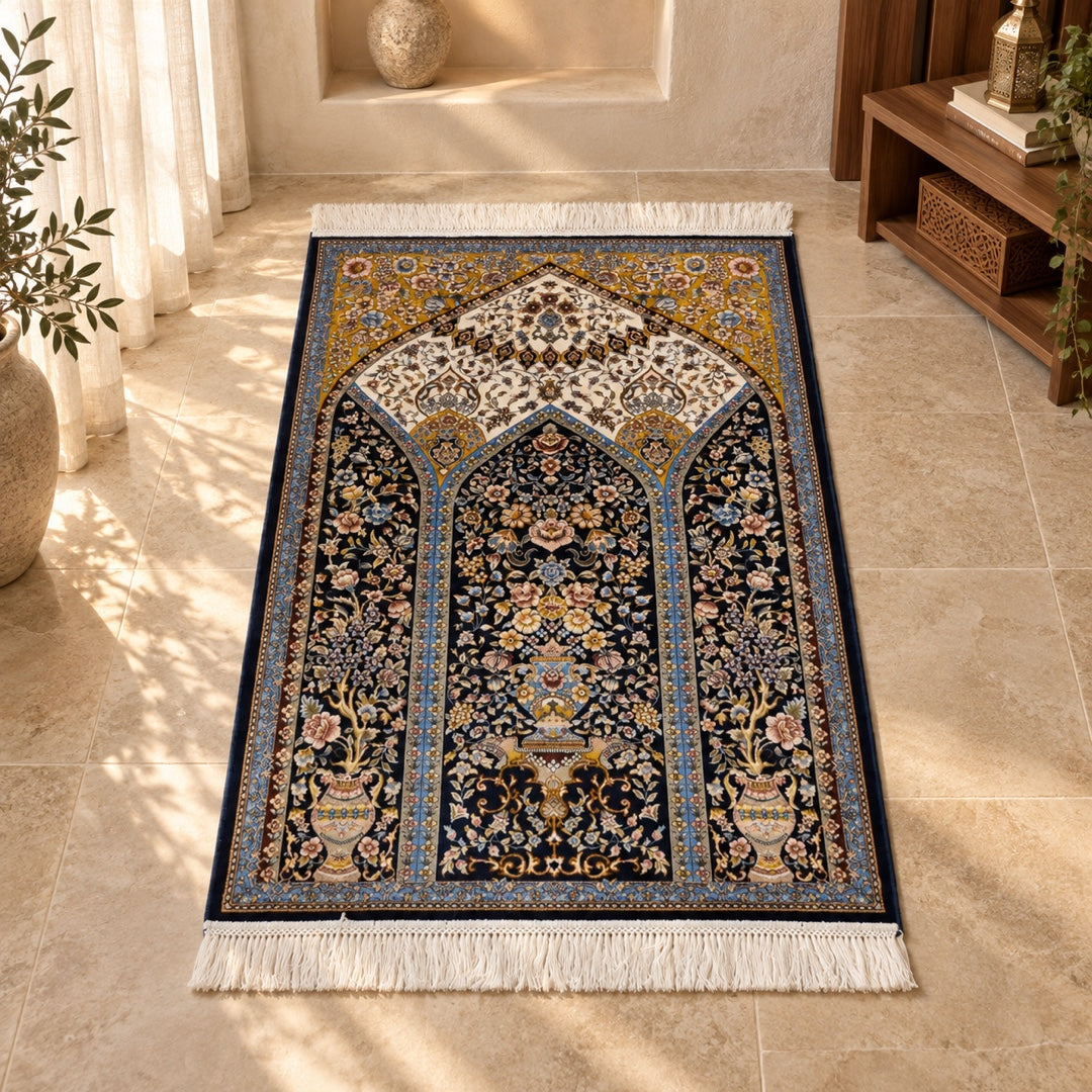 Navy floral arch prayer mat in a calm home prayer corner