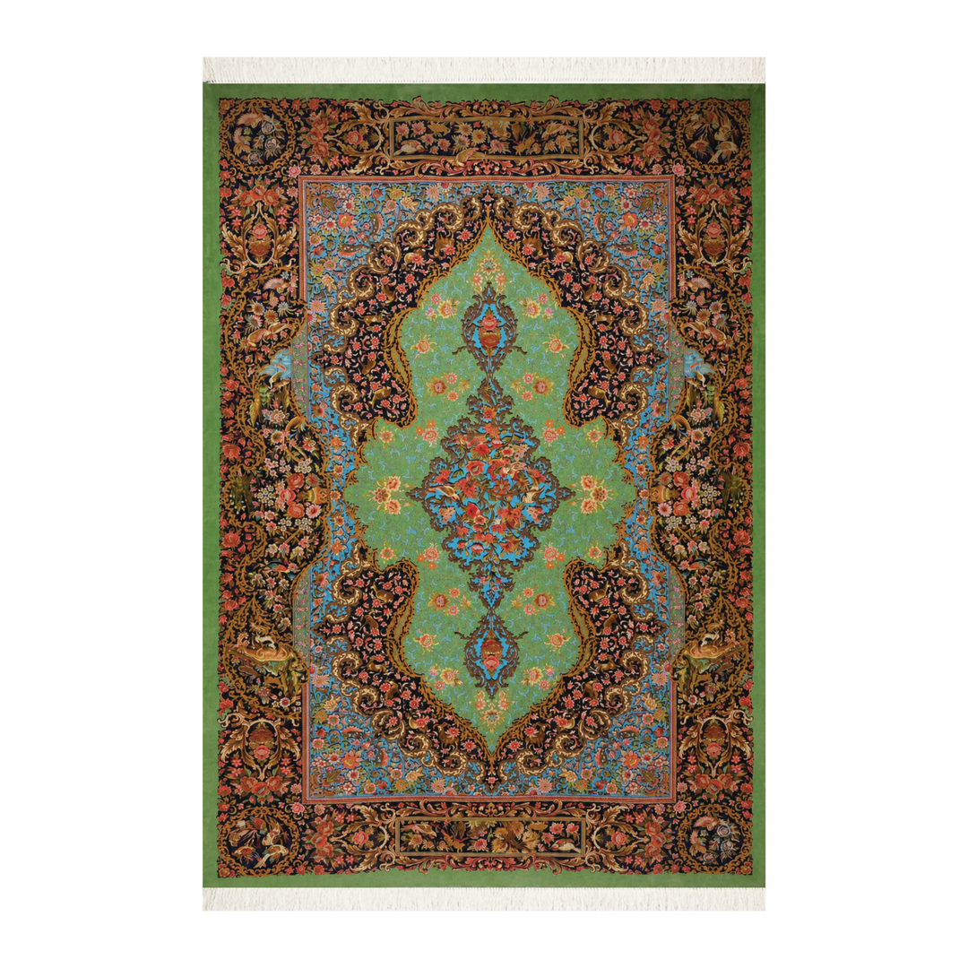 Dawn Bird machine-made Persian Silk rug in Turquoise, 300 × 200 cm