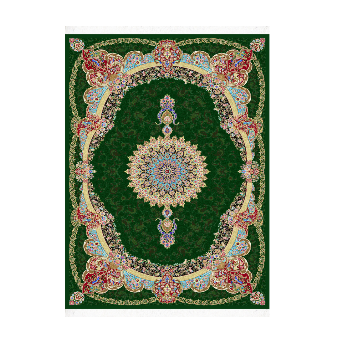 Crimson Bloom machine-made Persian Silk rug in Dark Green, 300 × 200 cm
