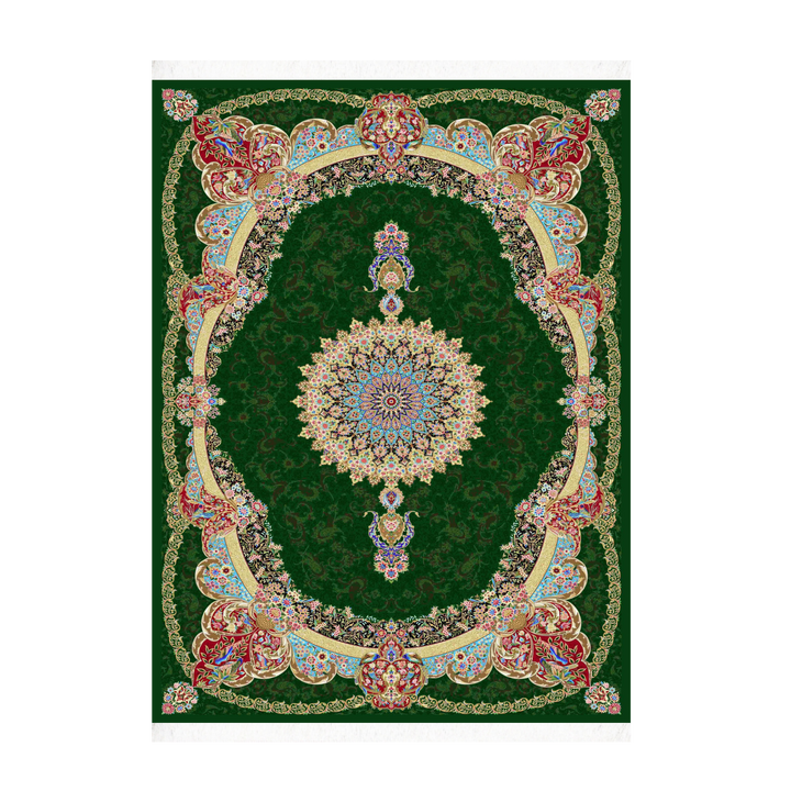 Crimson Bloom machine-made Persian Silk rug in Dark Green, 300 × 200 cm