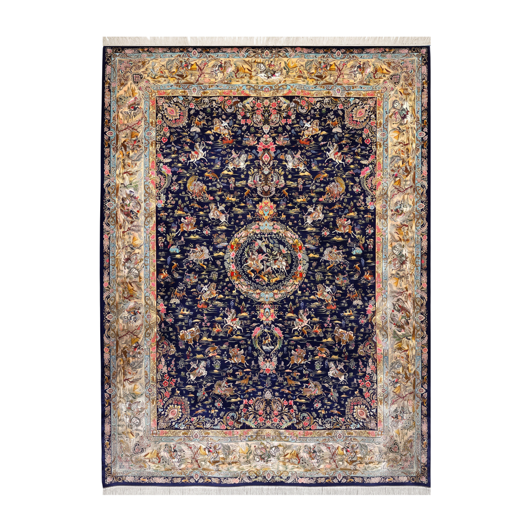 Royal Hunt machine-made Persian Silk rug in Cobalt Blue, 400 × 300 cm