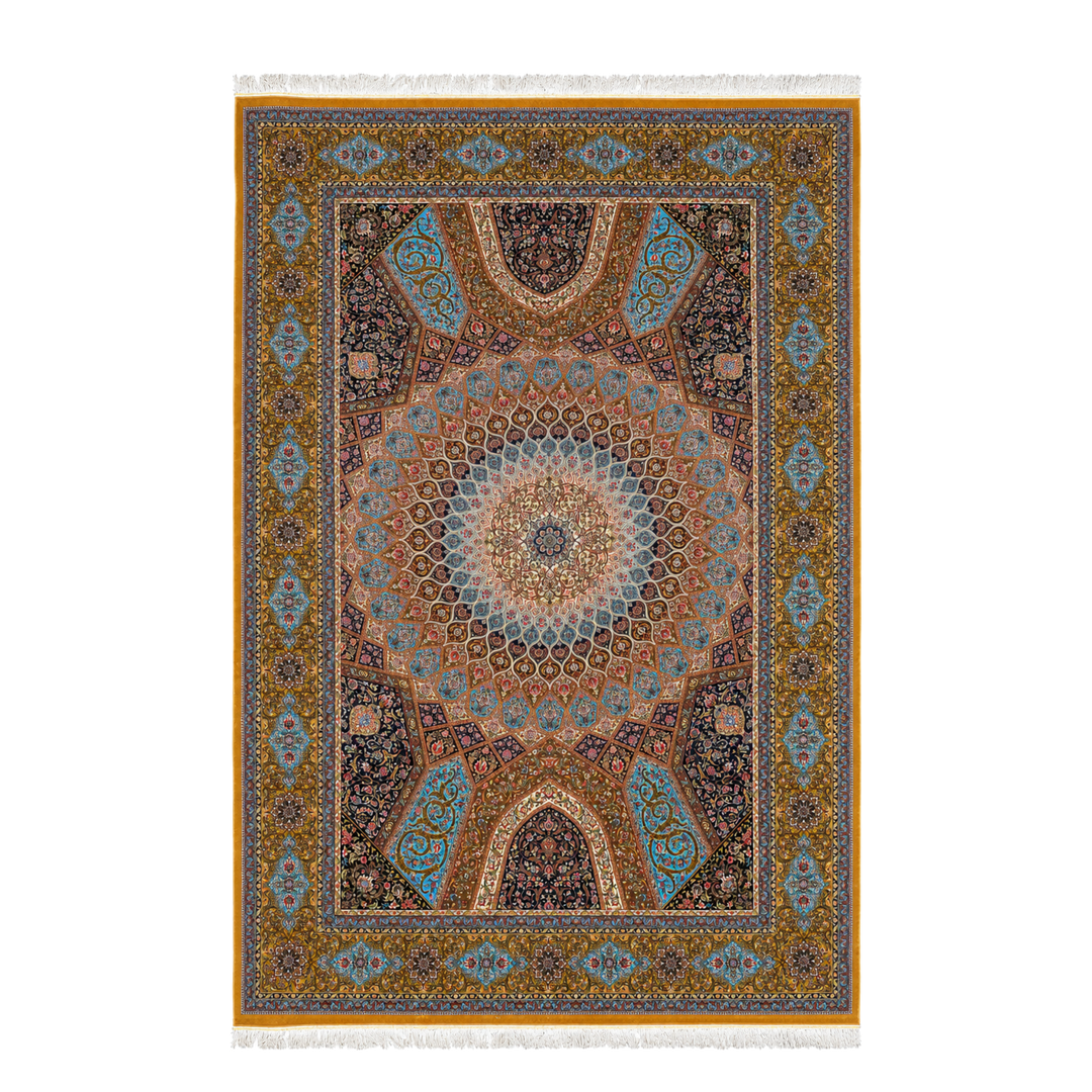 Kingdom Hall machine-made Persian Silk rug in Golden, 300 × 200 cm