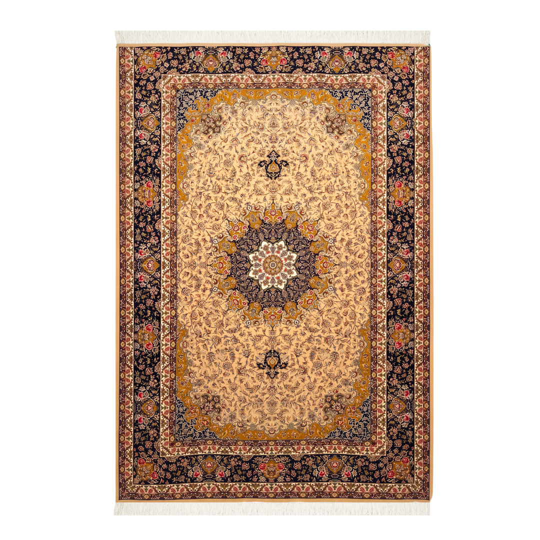 Central Medallion machine-made Persian Silk rug in Beige