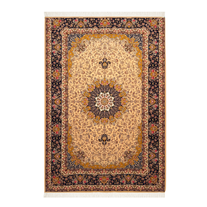 Central Medallion machine-made Persian Silk rug in Beige