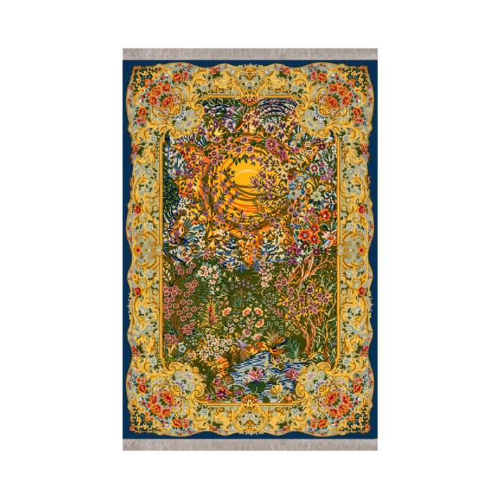سجادة حرير فارسية مصنّعة آليًا Solar Crest، بلون أزرق داكن، 225 × 150 cm