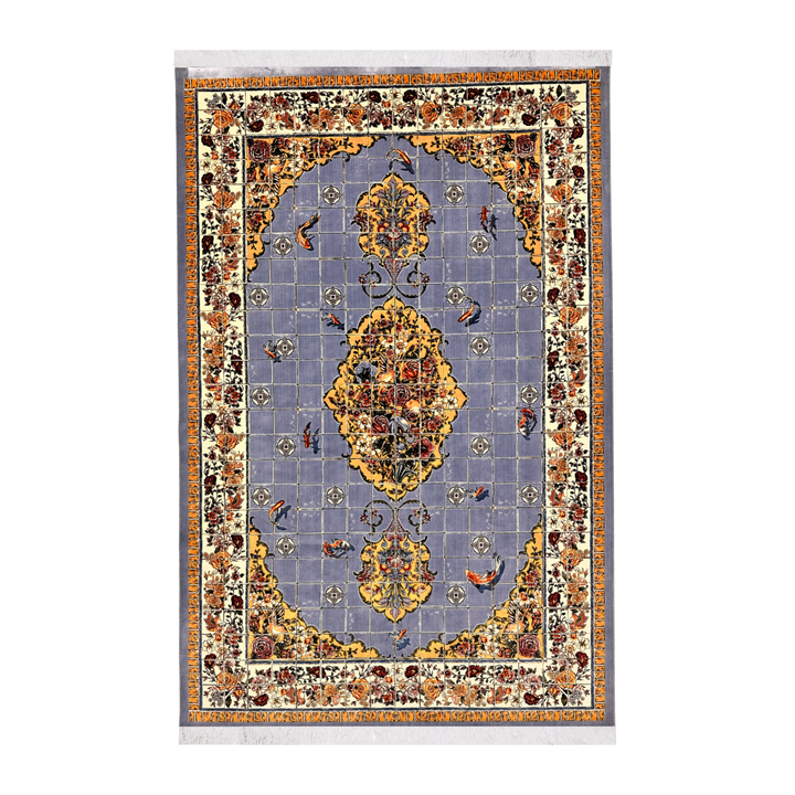 Turquoise Mosaic machine-made Persian Silk rug in Light Blue, 225 × 150 cm