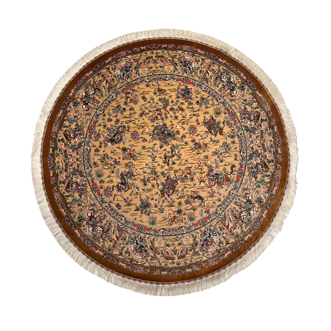 Royal Hunt machine-made Persian Silk rug in Beige, 150 × 150 cm